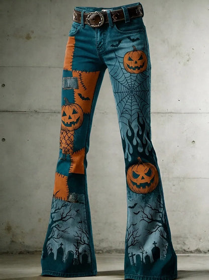 Women's Halloween Pumpkin Spiderweb Graveyard Printed Flare Jeans