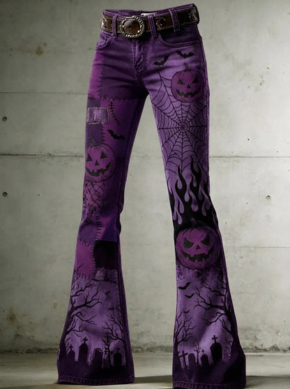 Women's Halloween Pumpkin Spiderweb Graveyard Printed Flare Jeans