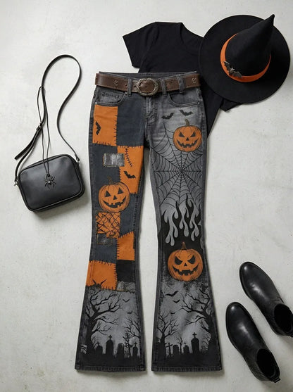 Women's Halloween Pumpkin Spiderweb Graveyard Printed Flare Jeans