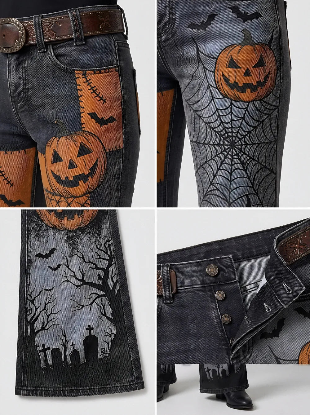 Women's Halloween Pumpkin Spiderweb Graveyard Printed Flare Jeans