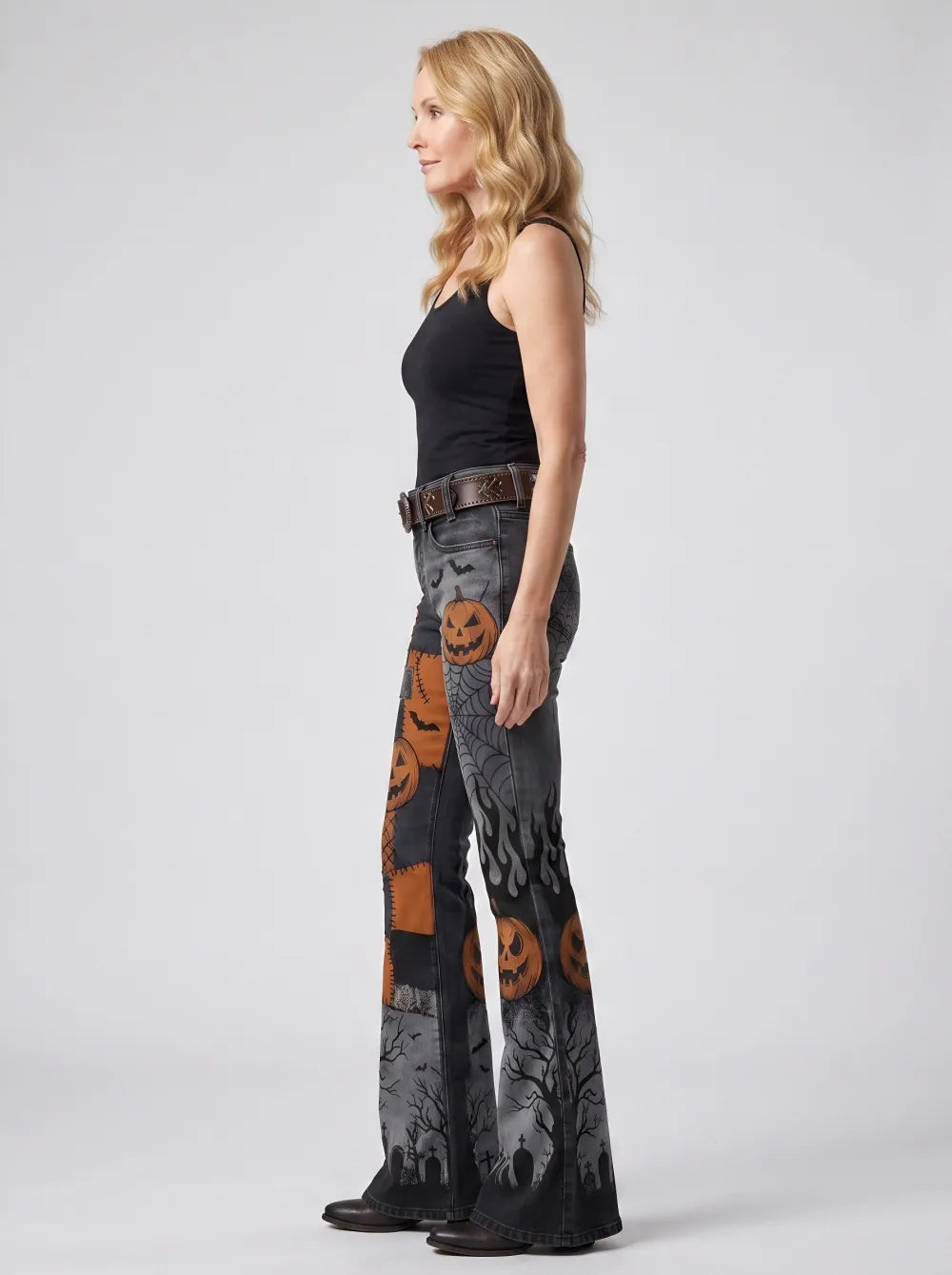Women's Halloween Pumpkin Spiderweb Graveyard Printed Flare Jeans