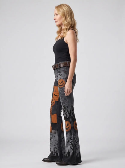 Women's Halloween Pumpkin Spiderweb Graveyard Printed Flare Jeans