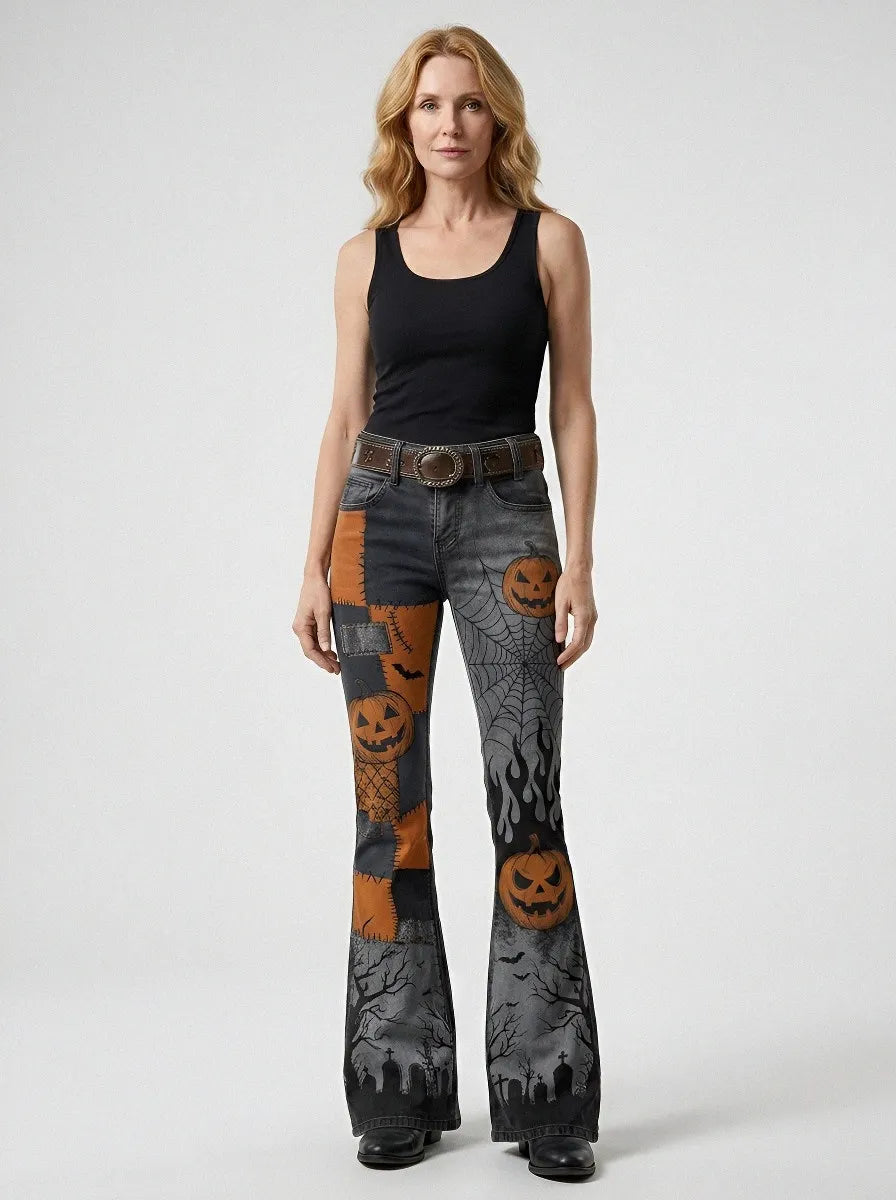Women's Halloween Pumpkin Spiderweb Graveyard Printed Flare Jeans