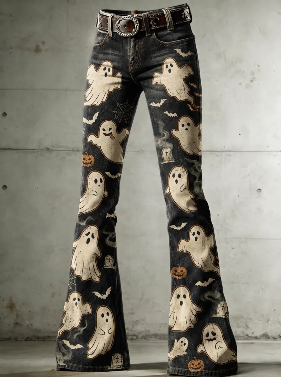 Women's Halloween Ghost Pumpkin Printed Flare Jeans