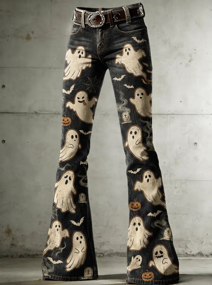 Women's Halloween Ghost Pumpkin Printed Flare Jeans