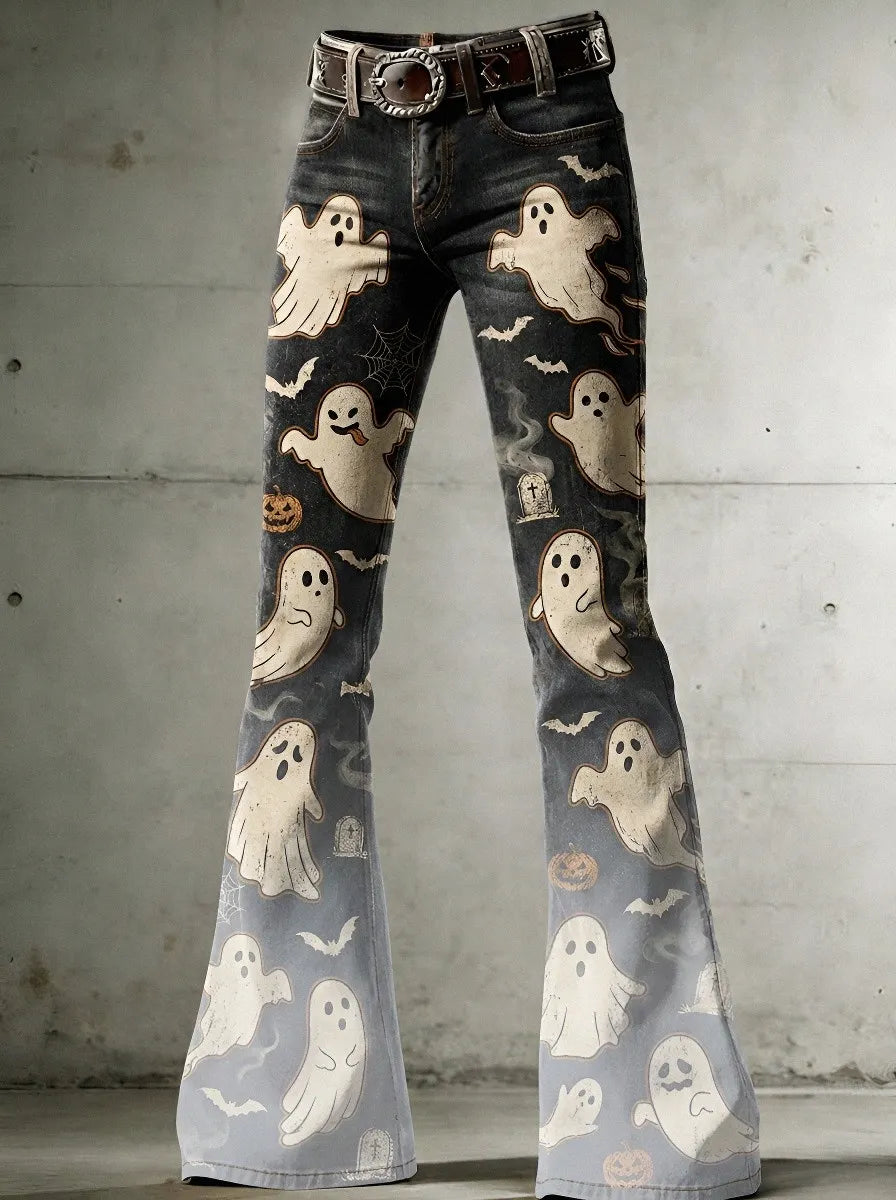Women's Halloween Ghost Pumpkin Printed Flare Jeans