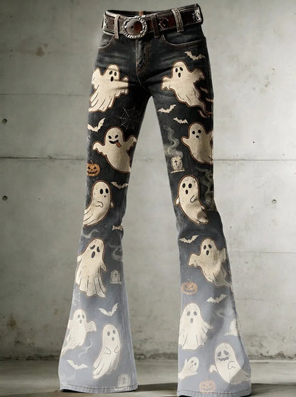 Women's Halloween Ghost Pumpkin Printed Flare Jeans