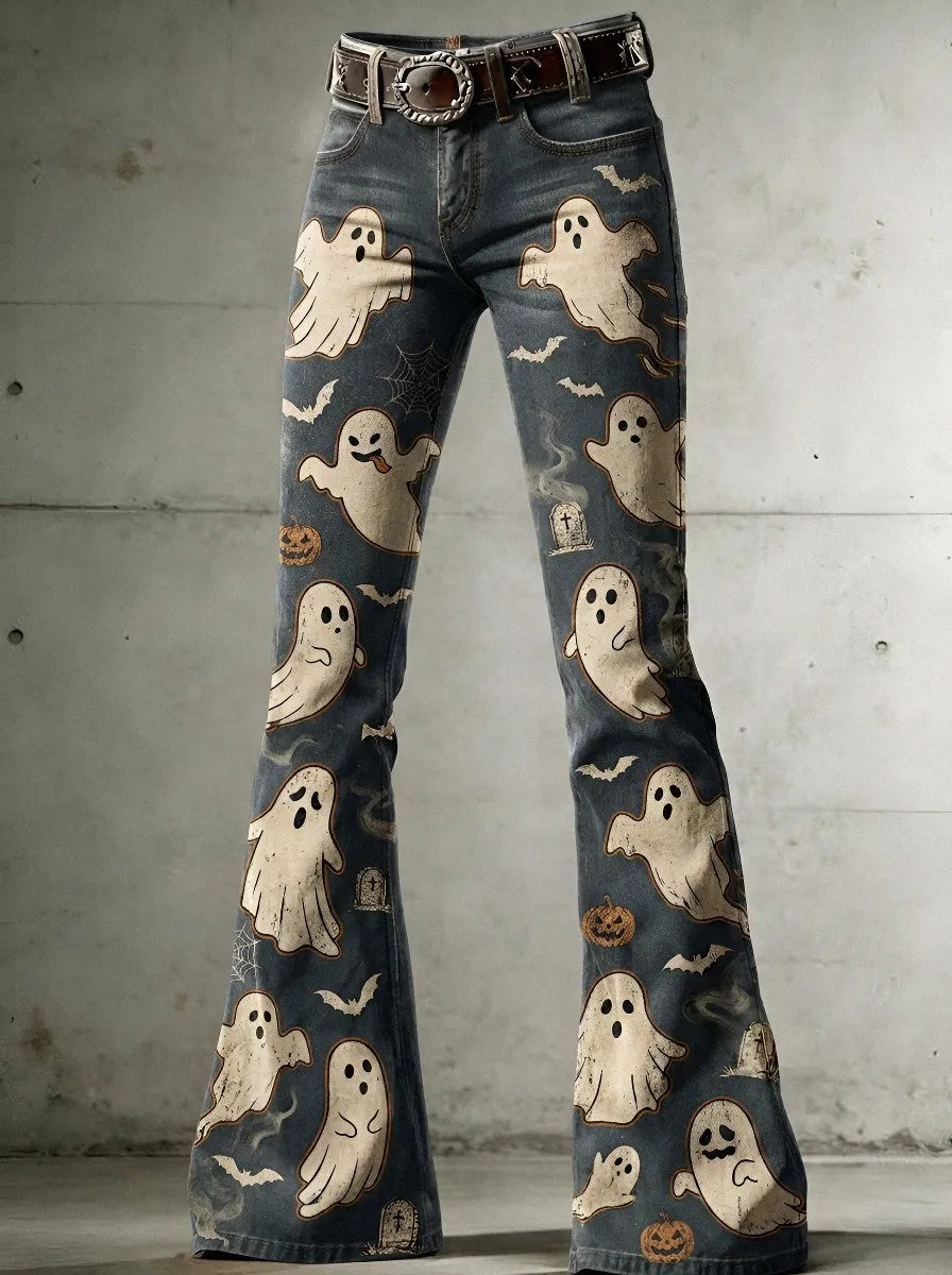 Women's Halloween Ghost Pumpkin Printed Flare Jeans