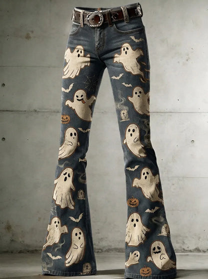 Women's Halloween Ghost Pumpkin Printed Flare Jeans