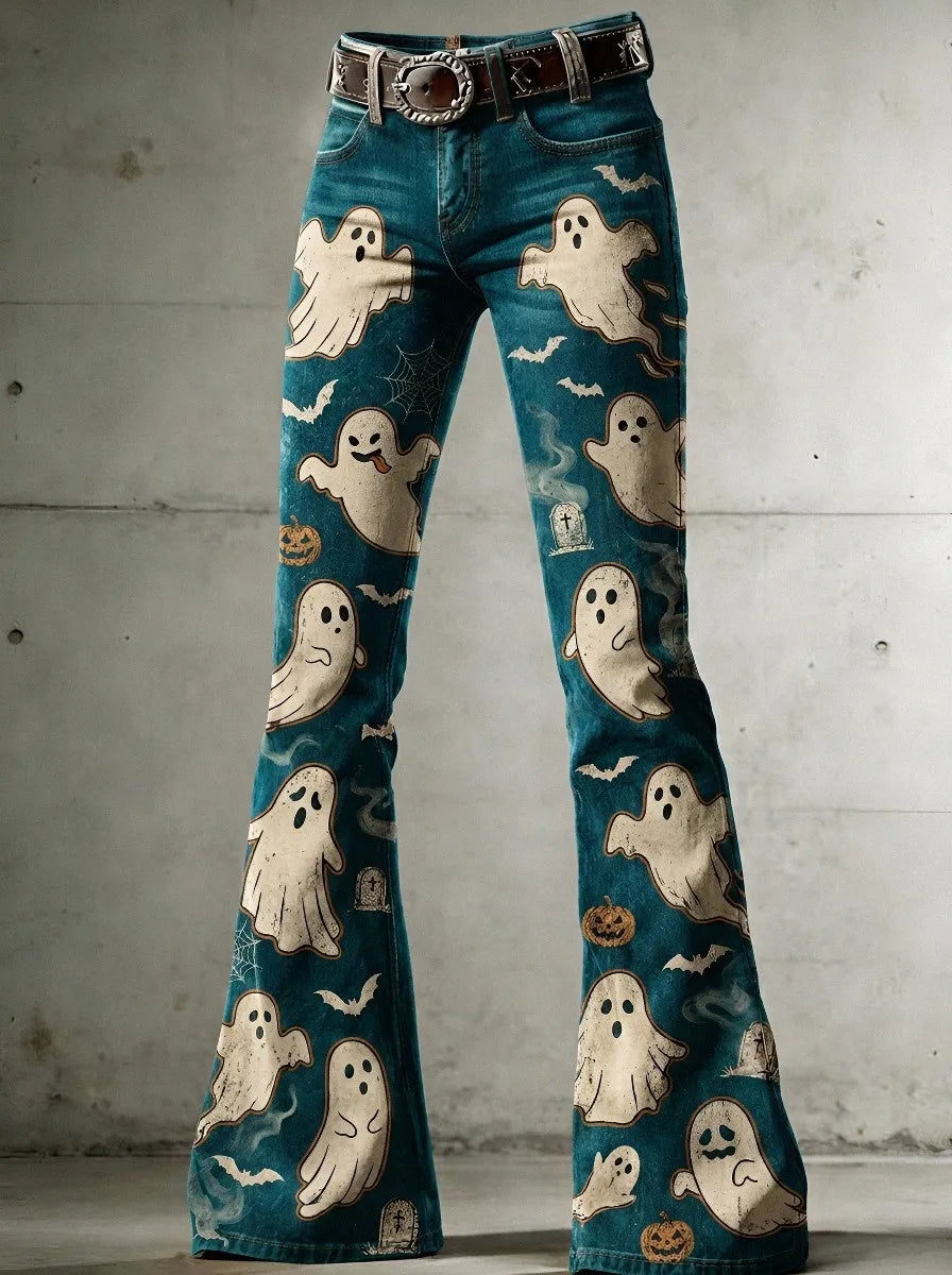 Women's Halloween Ghost Pumpkin Printed Flare Jeans