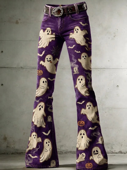 Women's Halloween Ghost Pumpkin Printed Flare Jeans