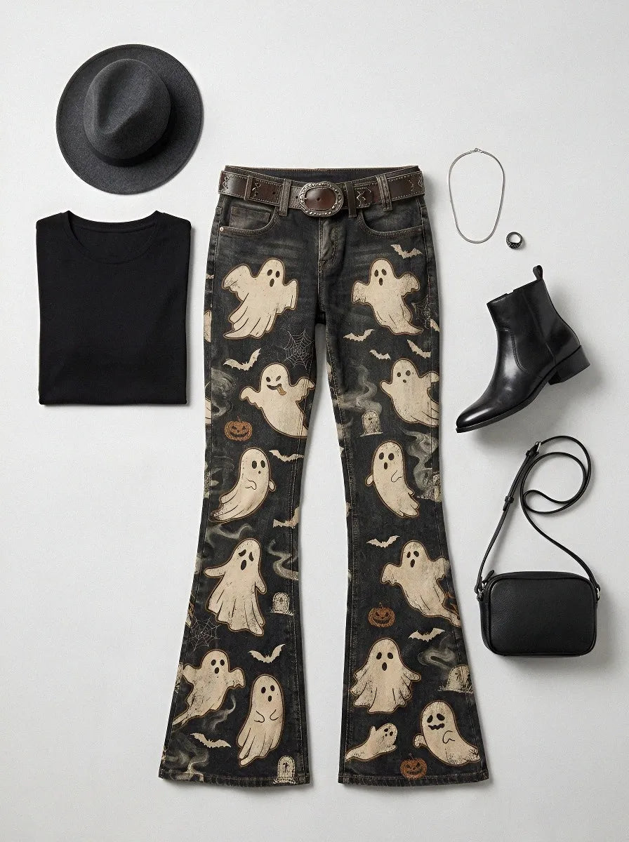 Women's Halloween Ghost Pumpkin Printed Flare Jeans