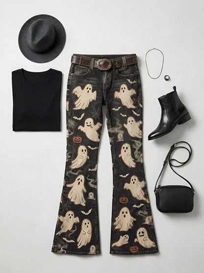 Women's Halloween Ghost Pumpkin Printed Flare Jeans