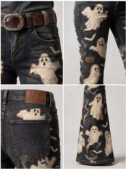 Women's Halloween Ghost Pumpkin Printed Flare Jeans