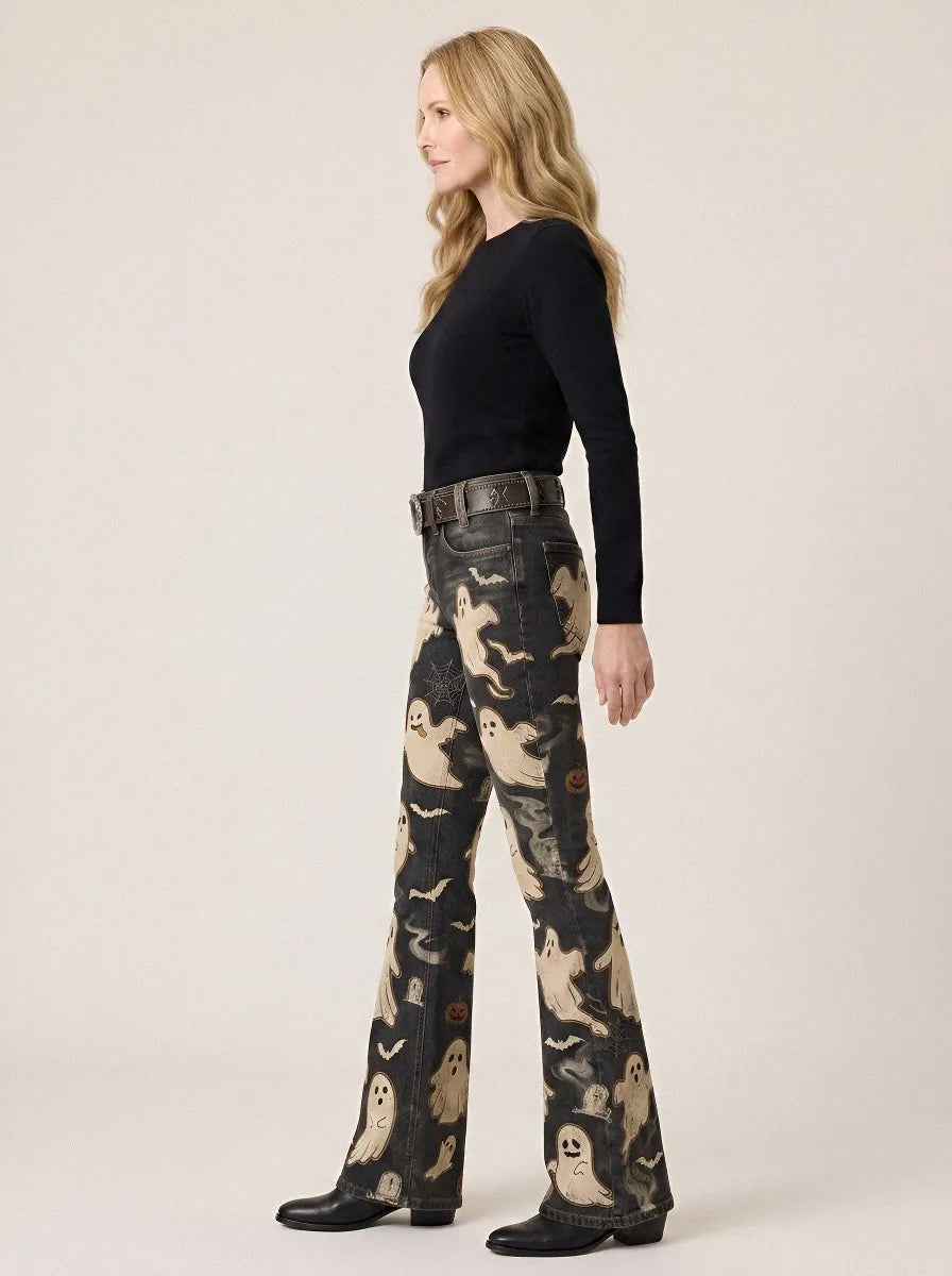 Women's Halloween Ghost Pumpkin Printed Flare Jeans