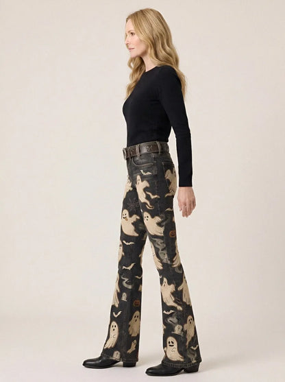 Women's Halloween Ghost Pumpkin Printed Flare Jeans