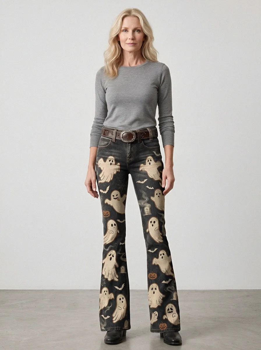 Women's Halloween Ghost Pumpkin Printed Flare Jeans