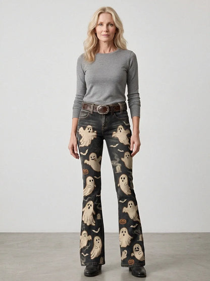 Women's Halloween Ghost Pumpkin Printed Flare Jeans