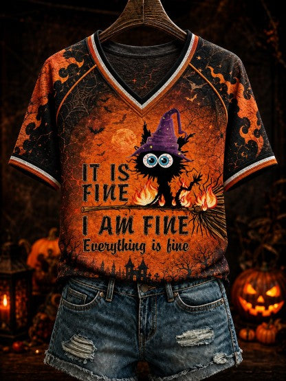 Women's It Is Fine I Am Fine Everything Is Fine Cat Halloween Printed V-neck T-shirt
