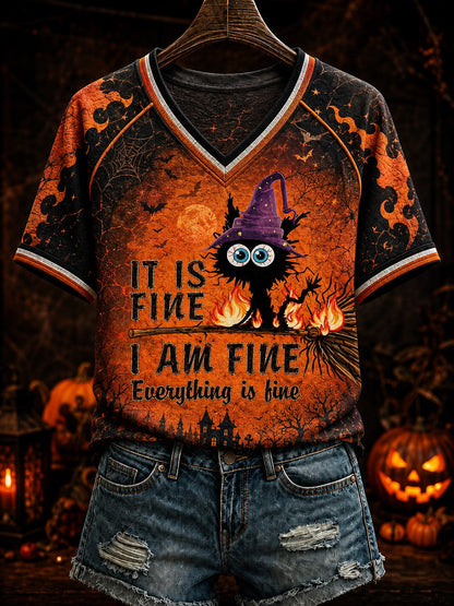 Women's It Is Fine I Am Fine Everything Is Fine Cat Halloween Printed V-neck T-shirt