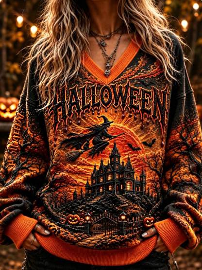 Women's Halloween Witch V-Neck Sweatshirt