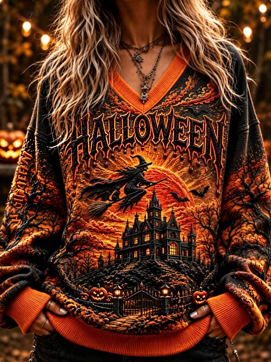 Women's Halloween Witch V-Neck Sweatshirt