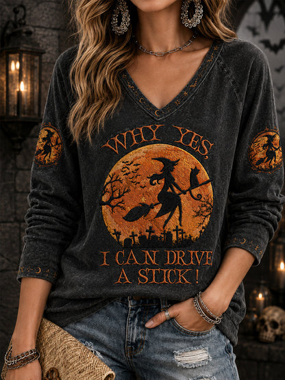 Women's Funny Halloween Witch Why Yes,Actually I Can Drive A Stick Print Casual V-Neck Long-Sleeve T-Shirt