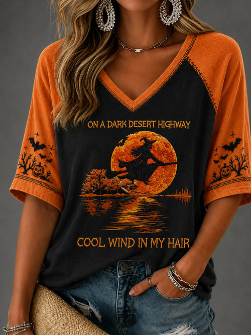Women's Halloween Witch Pumpkin Bat Mid-length Sleeves V-Neck T-Shirt