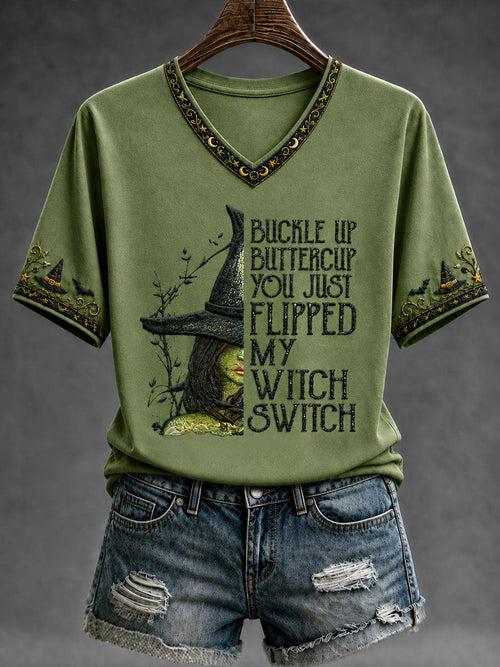 Women's Halloween BUCKLE UP BUTTERCUP YOU JUST FLIPPED MY WITCH SWITCH Short Sleeve T-shirt