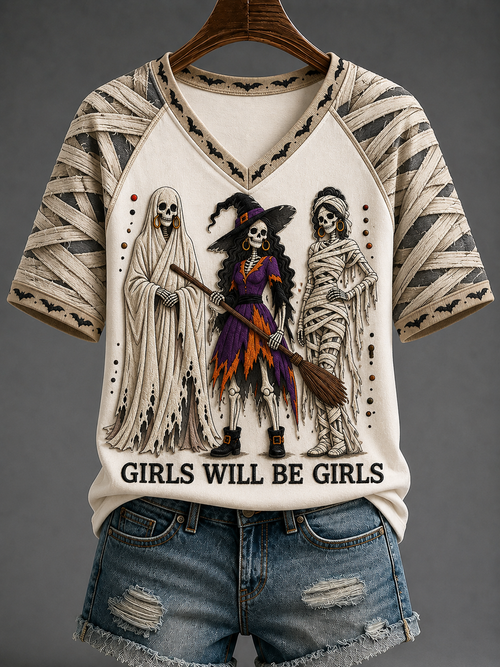 Women's Girls Will Be Girls V-neck Off-shoulder Short-sleeved T-shirt