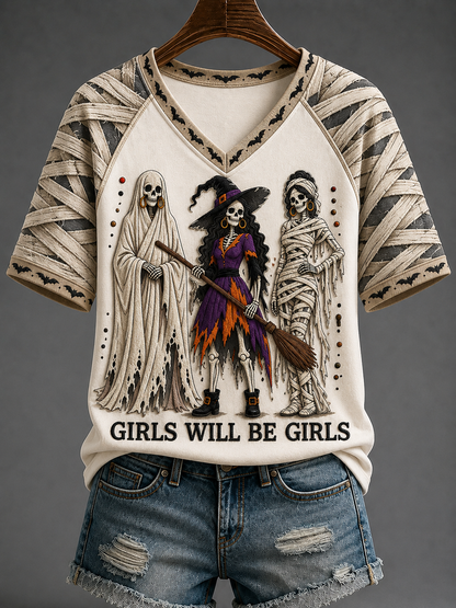 Women's Girls Will Be Girls V-neck Off-shoulder Short-sleeved T-shirt