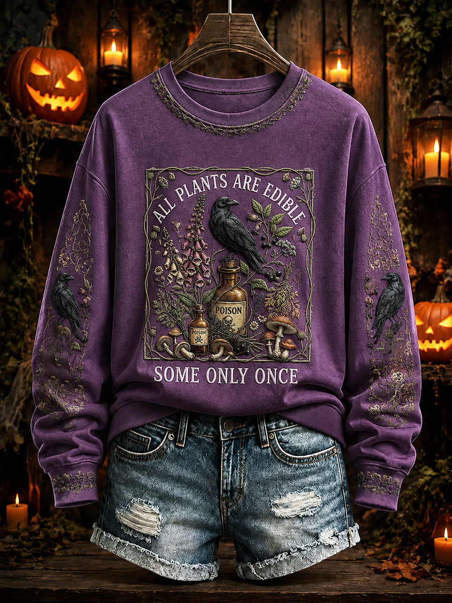 Women's 'All Plants Are Edible Some Only Once' Halloween Floral Print Casual Regular Sweatshirt