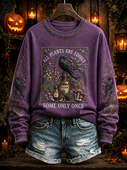 Women's 'All Plants Are Edible Some Only Once' Halloween Floral Print Casual Regular Sweatshirt