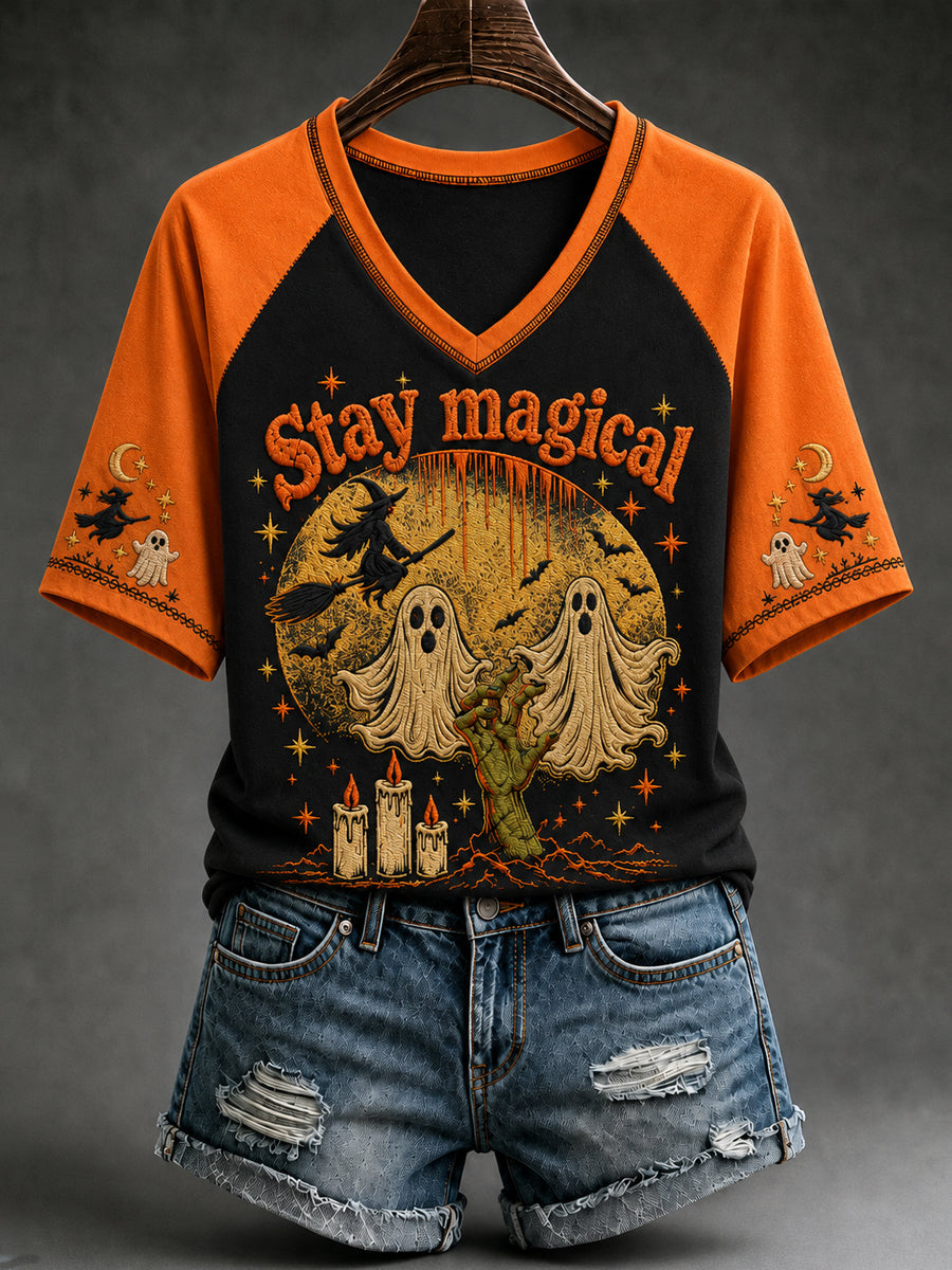 Women's Halloween Stay Magical Ghosts Witch Moon Short Sleeve T-shirt