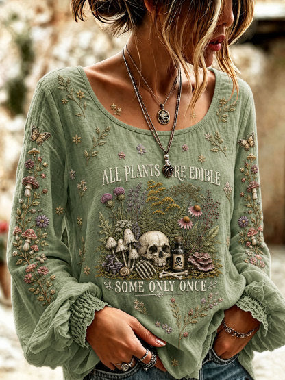 Women's 'All Plants Are Edible Some Only Once' Halloween Floral Print Casual Cotton-Linen Shirt