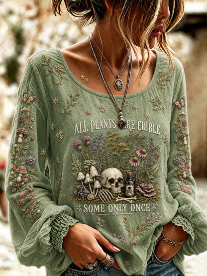 Women's 'All Plants Are Edible Some Only Once' Halloween Floral Print Casual Cotton-Linen Shirt