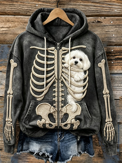 Women's Hanging Peeking Maltese Dog Skeleton Print Full Zip Hoodie
