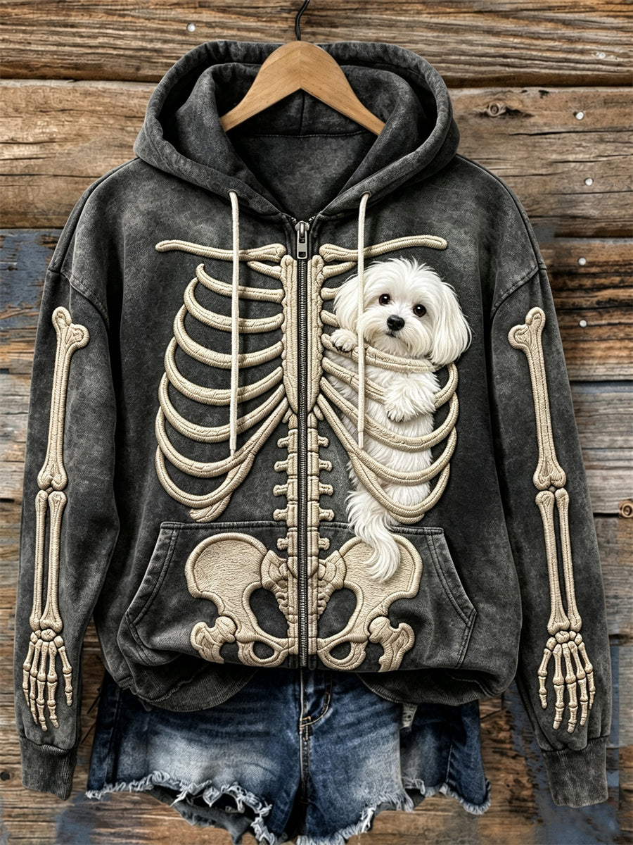 Women's Hanging Peeking Maltese Dog Skeleton Print Full Zip Hoodie