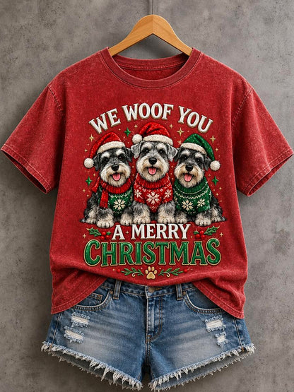 Women's We Woof You A Merry Christmas Schnauzer Print Dog Lovers Casual Tee