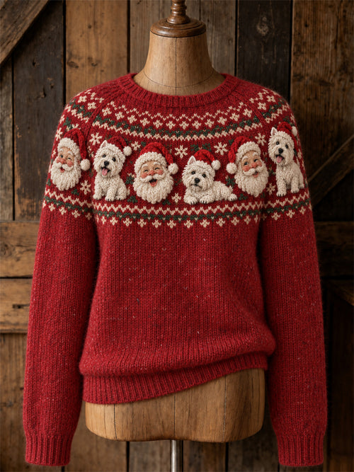 Women's Vintage Christmas Santa Claus & West Highland White Terrier Dogs Yoke Isle Print crew neck sweater