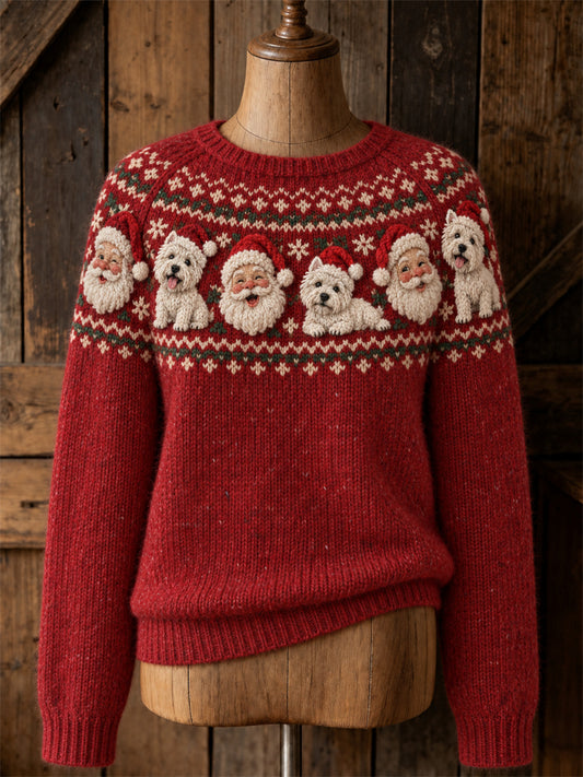 Women's Vintage Christmas Santa Claus & West Highland White Terrier Dogs Yoke Isle Print crew neck sweater