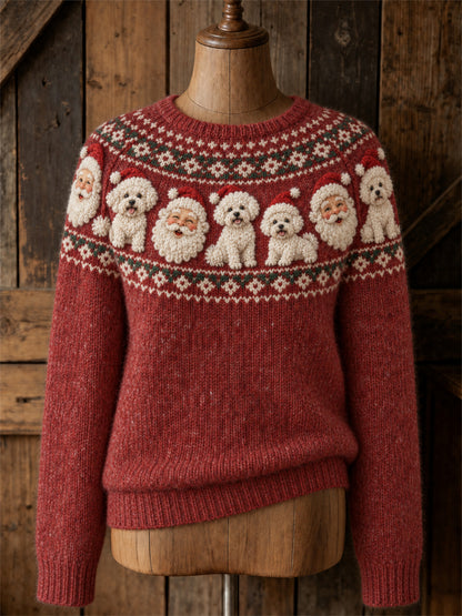 Women's Vintage Christmas Santa Claus & Bichon Dogs Yoke Isle Print crew neck sweater