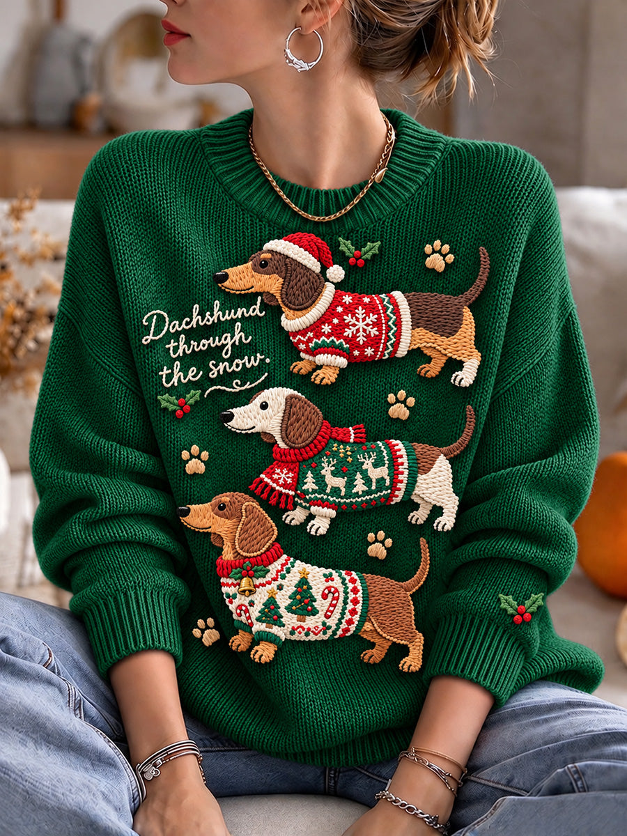 Women's Christmas Dachshund Through The Snow Print Cozy Sweater