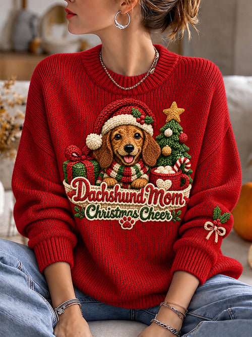 Women's Dachshund Mom Christmas Cheer Print Cozy Sweater