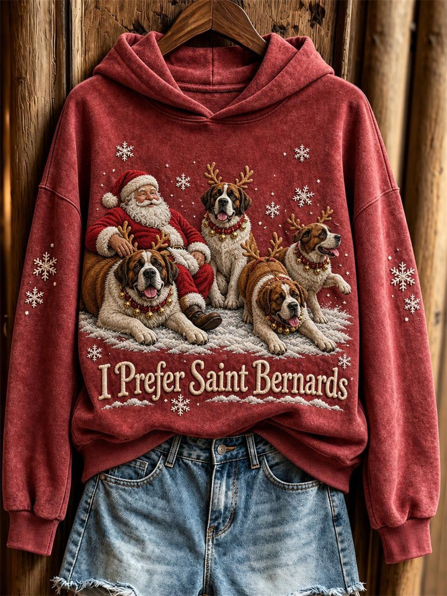 Women's Christmas I Prefer Saint Bernards Santa Claus & Dogs Print Hoodie