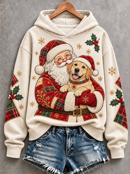 Women's Christmas Santa Claus Labrador Retriever Patchwork Print Casual Hoodie