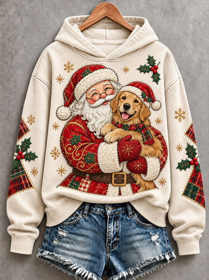 Women's Christmas Santa Claus Golden Retriever Patchwork Print Casual Hoodie