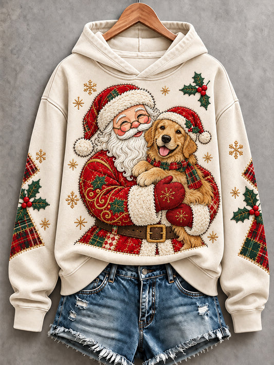 Women's Christmas Santa Claus Golden Retriever Patchwork Print Casual Hoodie