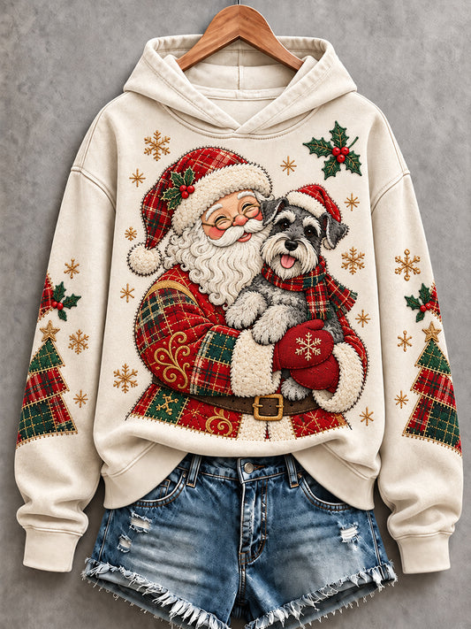 Women's Christmas Santa Claus Schnauzer Patchwork Print Casual Hoodie