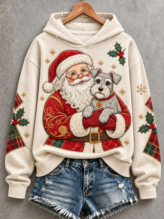 Women's Christmas Santa Claus Schnauzer Patchwork Print Casual Hoodie